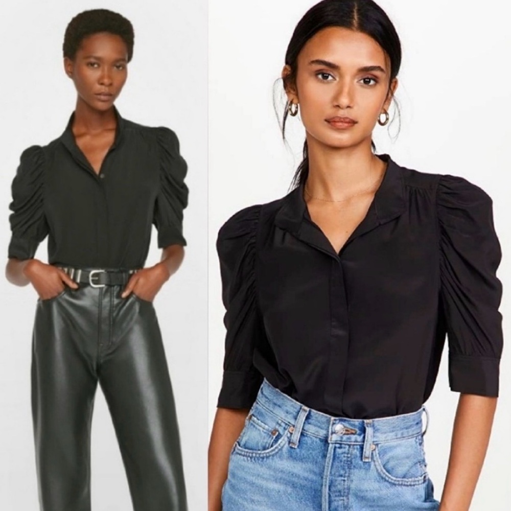 Frame Denim Black Puff Sleeve Blouse